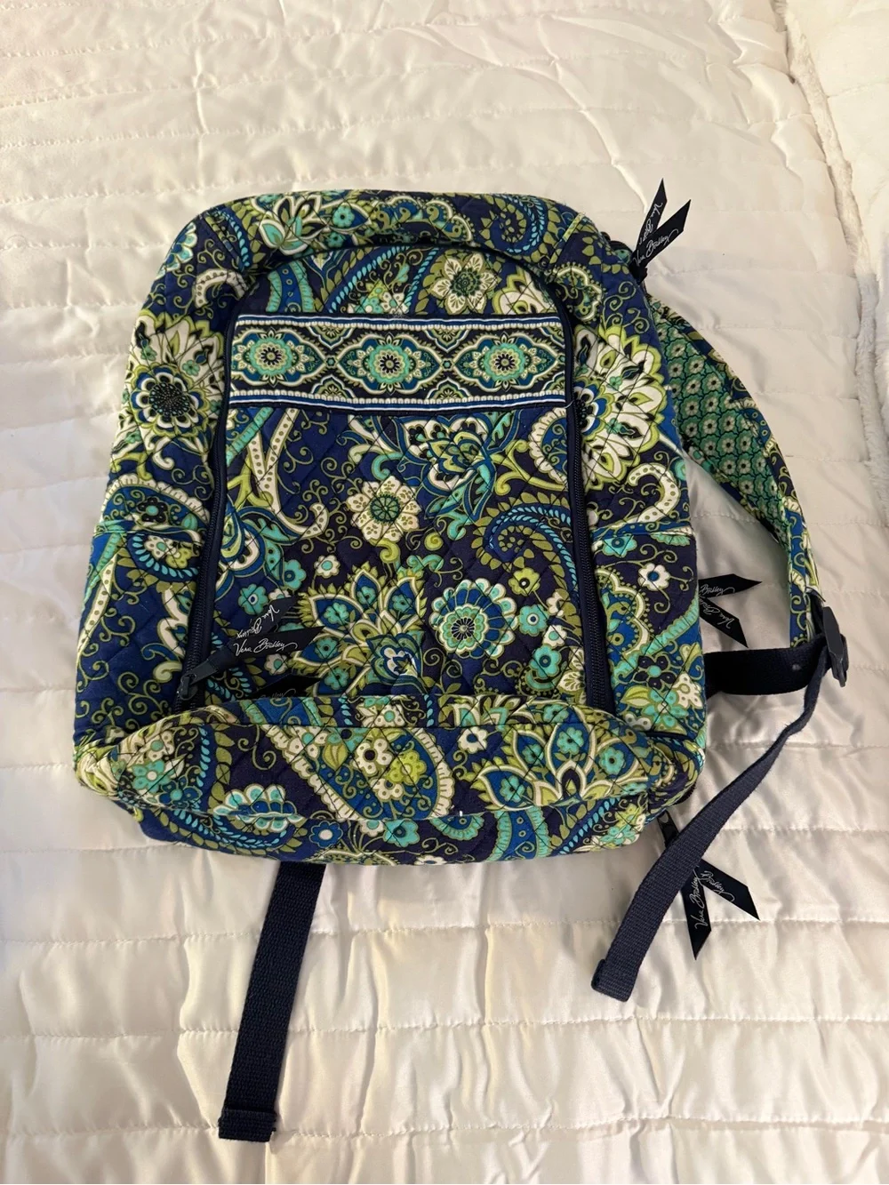Vera Bradley Navy Floral Paisley Quilted Backpack with Teal & Green Accents